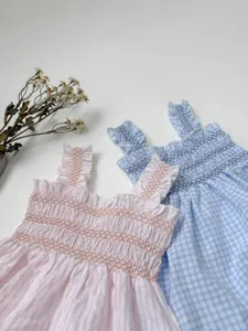 Cute baby summer thin girls sleeveless plaid smocked dress toddler long strap dresses