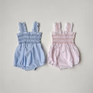 Baby infant romper summer cute plaid smocked strap bodysuit toddler girl clothes detail view