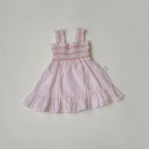 Summer baby girls pink plaid smocked dress, cute sleeveless ruffles toddler baby clothing.