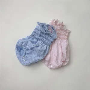 Charming infant baby girl smocked rompers featuring lovely ruffles and plaid stripes for summer.
