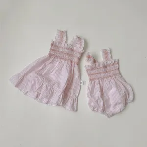 Cute baby girls summer pink striped smocked strap dress and romper set, comfortable sleeveless.