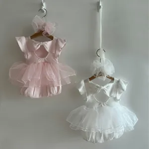 Bébé Filles Été Mignon Maille Nœud Papillon Manches Volants Barboteuse Nouveau-Né Mélange de Coton Couleur Unie Robe Princesse Body