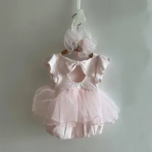 Adorable combinaison tutu rose à volants pour bébé fille, body d'été avec bandeau