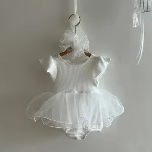 Bébé fille été blanc tulle barboteuse mignon volants tout-petit robe avec bandeau nœud