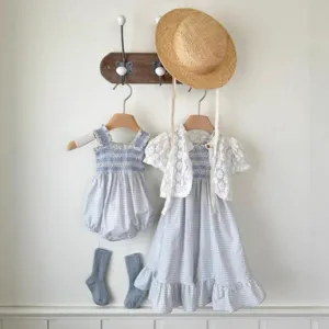 Summer baby girls sweet plaid smocked strap dress set with lace cardigan and hat main view