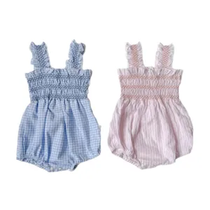 Summer baby girl romper cute plaid smocked strap jumpsuit infant cotton crawler clothes