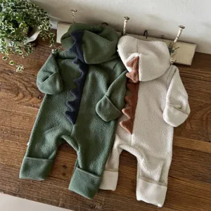 Cute dinosaur fleece baby romper with hood, warm thick winter jumpsuit for infants.
