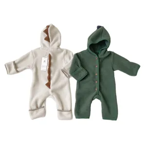 Cute baby fleece dinosaur hooded romper set with cozy thermal fabric and playful spike details.