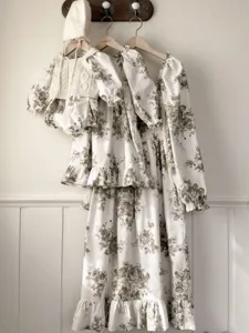 Korean style vintage floral baby romper and matching dress set long sleeve smocked autumn wear