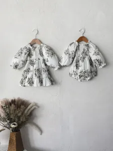 Korean style autumn baby girl floral smocked lantern sleeve romper and dress set cute baby clothes
