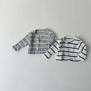 Toddler Baby Ribbed Striped Knit Cardigan Long Sleeve Cotton Button Up Outerwear Casual Sweater For Infants Boys Girls