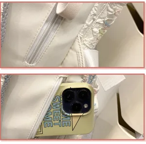 Detail shot of minimalist casual backpack with zipper pocket and large capacity storage design.