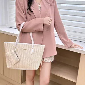 Woven tote bag for women, large capacity straw shoulder bag with small pouch and chic handles.