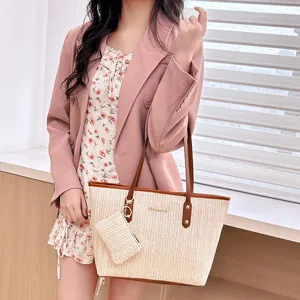 Fashion woven straw tote bag for women, large capacity casual shoulder handbag with pouch.
