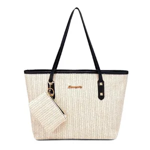 Woven straw tote bag for women large capacity shoulder bag casual handbag with small coin purse.