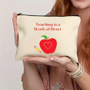 Canvas makeup bag with teacher theme print, durable zipper pouch for daily storage and gifts.