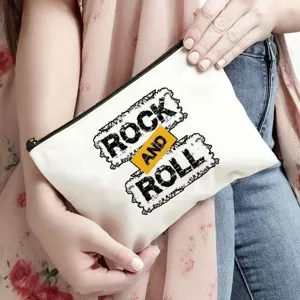 Vista dettagliata della trousse trucchi e astuccio con zip in tela con stampa rock.