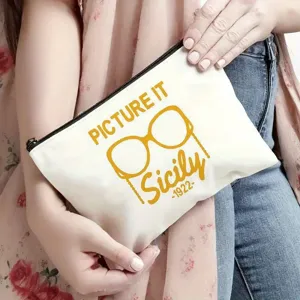 Borsa cosmetica in tela bianca con cerniera, elegante trousse per trucco con lettere.