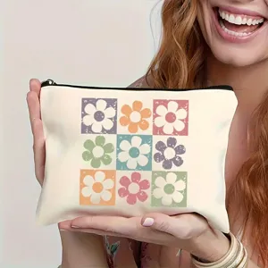 Leinwand Make-up-Tasche mit Reißverschluss im Retro-Gitter-Blumenmuster Detailansicht