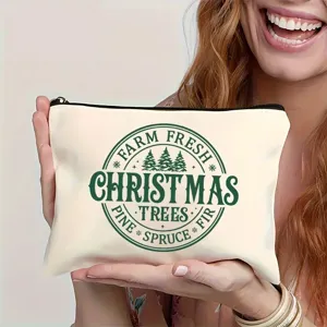 Detailaufnahme einer weihnachtlichen Kosmetiktasche aus Canvas mit Vintage-Baum-Druck.