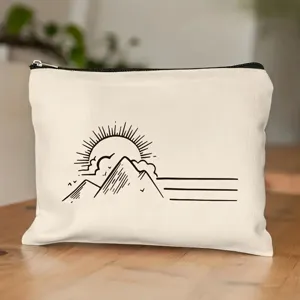 Leinwand Kosmetiktasche mit minimalistischem Sonnen- und Berg-Linienkunst-Design und Reißverschluss.