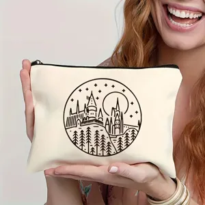 Leinen Reißverschluss Kosmetiktasche mit niedlichem Schloss Mond Motiv für Reise und Aufbewahrung