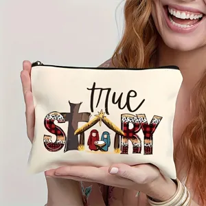 Détail de la belle trousse de maquillage blanche en toile avec impression en anglais.