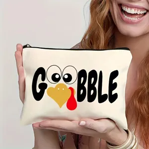 Trousse de maquillage blanche en toile avec un joli motif de dinde et texte GOBBLE voyage.
