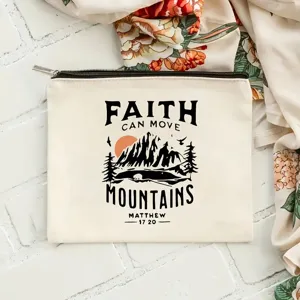 Trousse de maquillage blanche en toile avec motif de montagne, pochette zippée élégante.