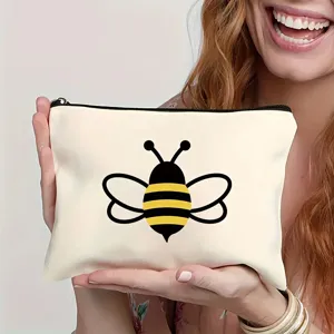 Trousse de maquillage blanche en toile avec motif d'abeille mignon, sac cosmetique zippe.