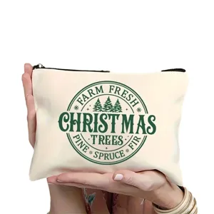 Borsa cosmetica in tela con stampa vintage di alberi di Natale, ideale regalo festivo.