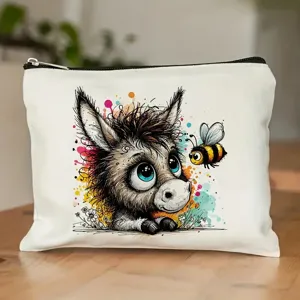 Cute watercolor donkey makeup bag, white canvas toiletry organizer for daily travel essentials.
