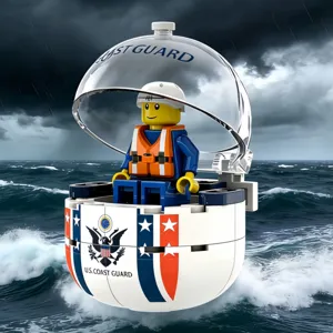 Detailed view of the coast guard capsule building block set with minifigure in stormy sea scene.