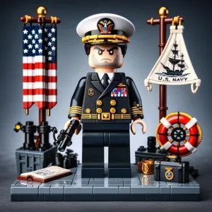 Detailed view of military building block officer figure with display base and flags.