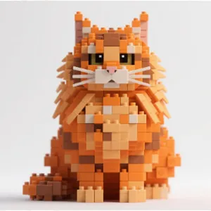 Orange cat building block detail shot, mini particle brick animal toy ornament figurine for display.