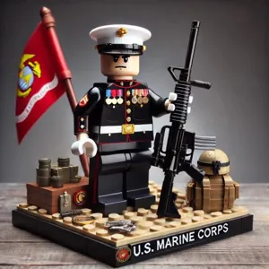 Military building block set featuring a soldier minifigure, rifle, flag, and display base.
