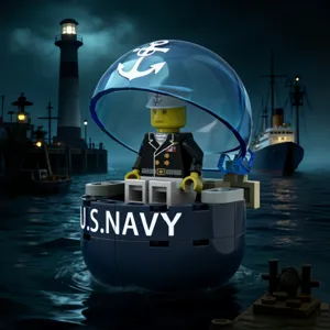Detailed view of military building block capsule toy with navy figure in harbor scene.