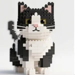 Close-up view of the cute black and white tuxedo cat micro block building toy.