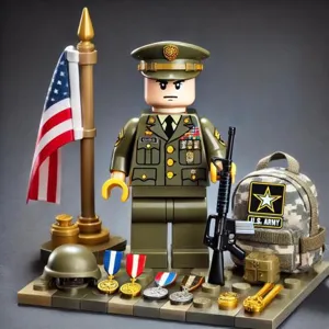 Military building blocks set with US army soldier minifigure, flag, and tactical gear backpack.