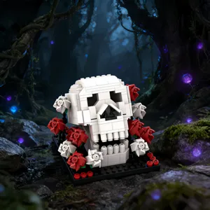 Gotischer Totenkopf Bausteine mit roten Rosen, kreative dunkle Romantik Deko Spielzeug Geschenk.
