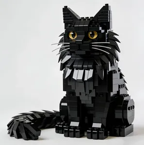 Detailed close-up view of a black cat building block toy, featuring realistic yellow eyes.