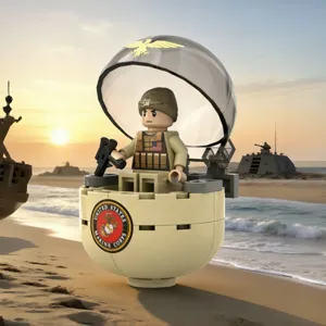 Military building block capsule action figure set with beach scene display toy for kids