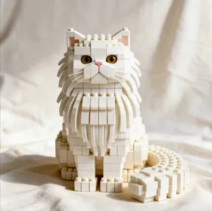 Close-up detail of white brick cat ornament, exquisite small particle building block.