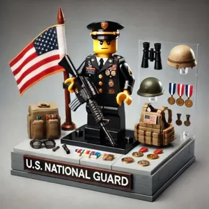 Military building blocks toy set with soldier action figure, flag and tactical parts.