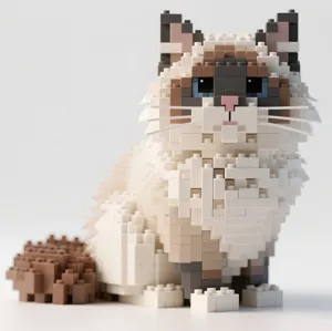 Detail shot of the cute cat building block toy, showing delicate micro particles and neat assembly.