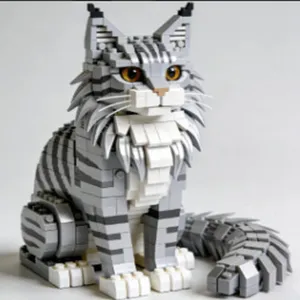 Detailed close-up view of a grey tabby cat building block model with realistic eyes.