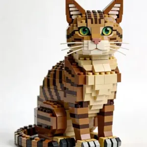 Building block tabby cat figurine, cute plastic brick toy ornament for desk decor and collection.