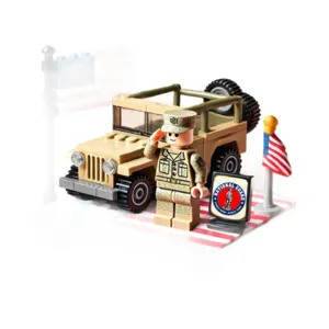Military jeep building block set with soldier minifigure and national guard sign for kids and collectors.