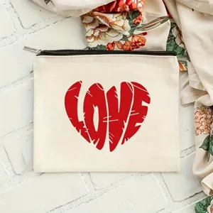 Canvas cosmetic bag with red love print, practical zipper pouch for makeup storage.