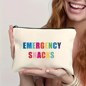 Canvas cosmetic bag with colorful emergency snacks print, perfect travel zipper pouch for daily use.